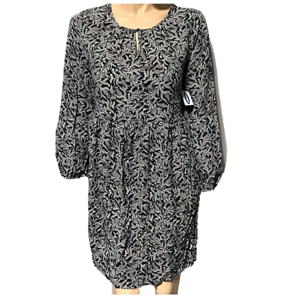 Old Navy Women's Dress Size S Small Black & White Floral Long Sleeve Key Hole